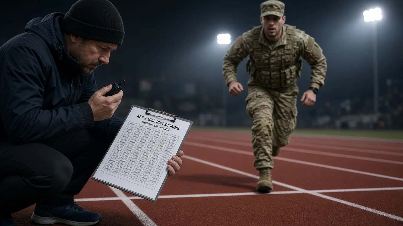 Grader comparing a stopwatch to an AFT two-mile run scoring table at a track finish line