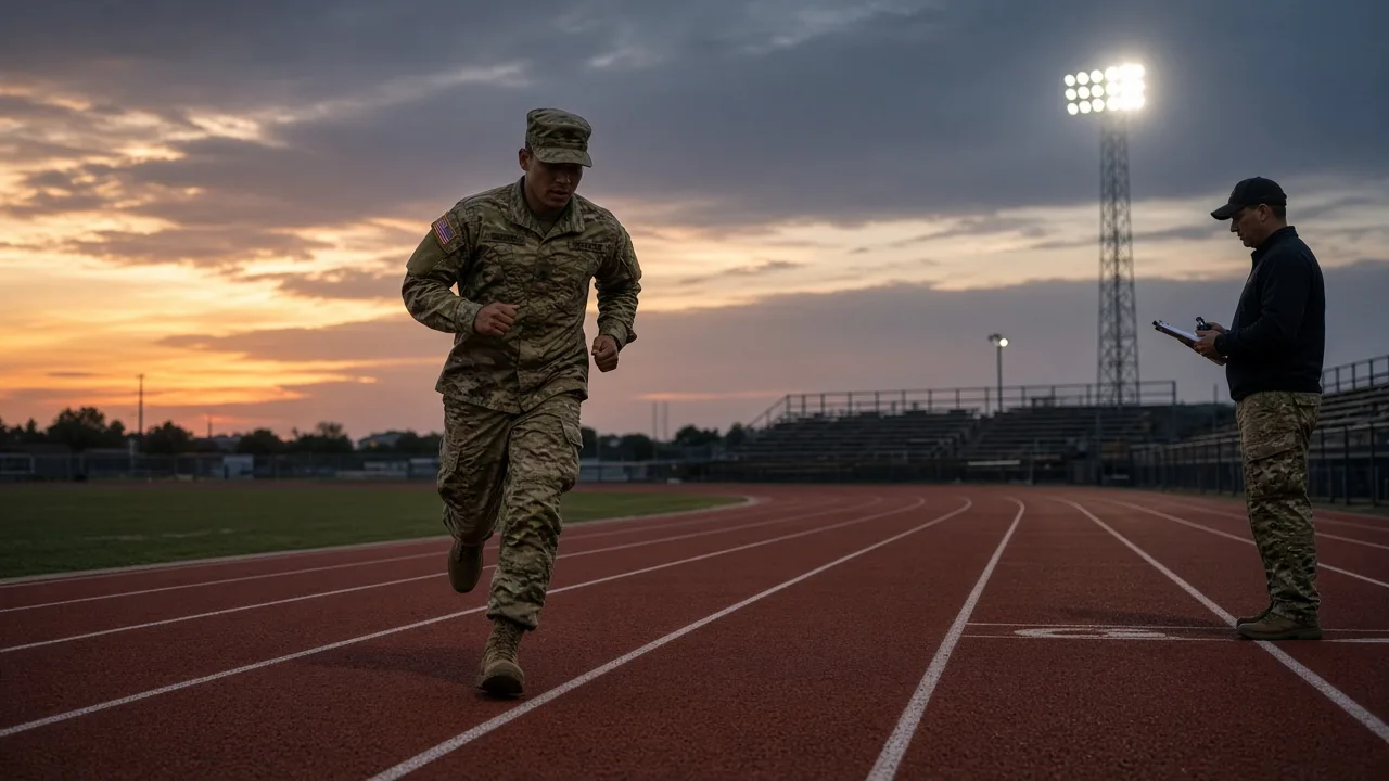 An AFT 2 mile run time scene: a soldier in OCP finishing a two-mile run on a 400-meter track while a grader holds a stopwatch