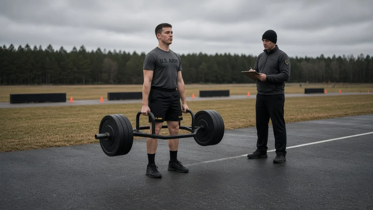 Soldier locked out at the top of a hex-bar deadlift on an outdoor Army Fitness Test lane while a grader watches