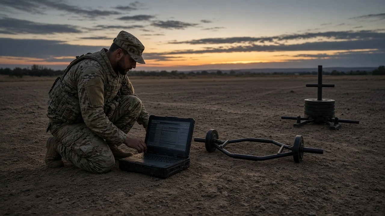 Infantry soldier checking a combat MOS list on a rugged laptop beside a hex bar and sprint-drag-carry sled