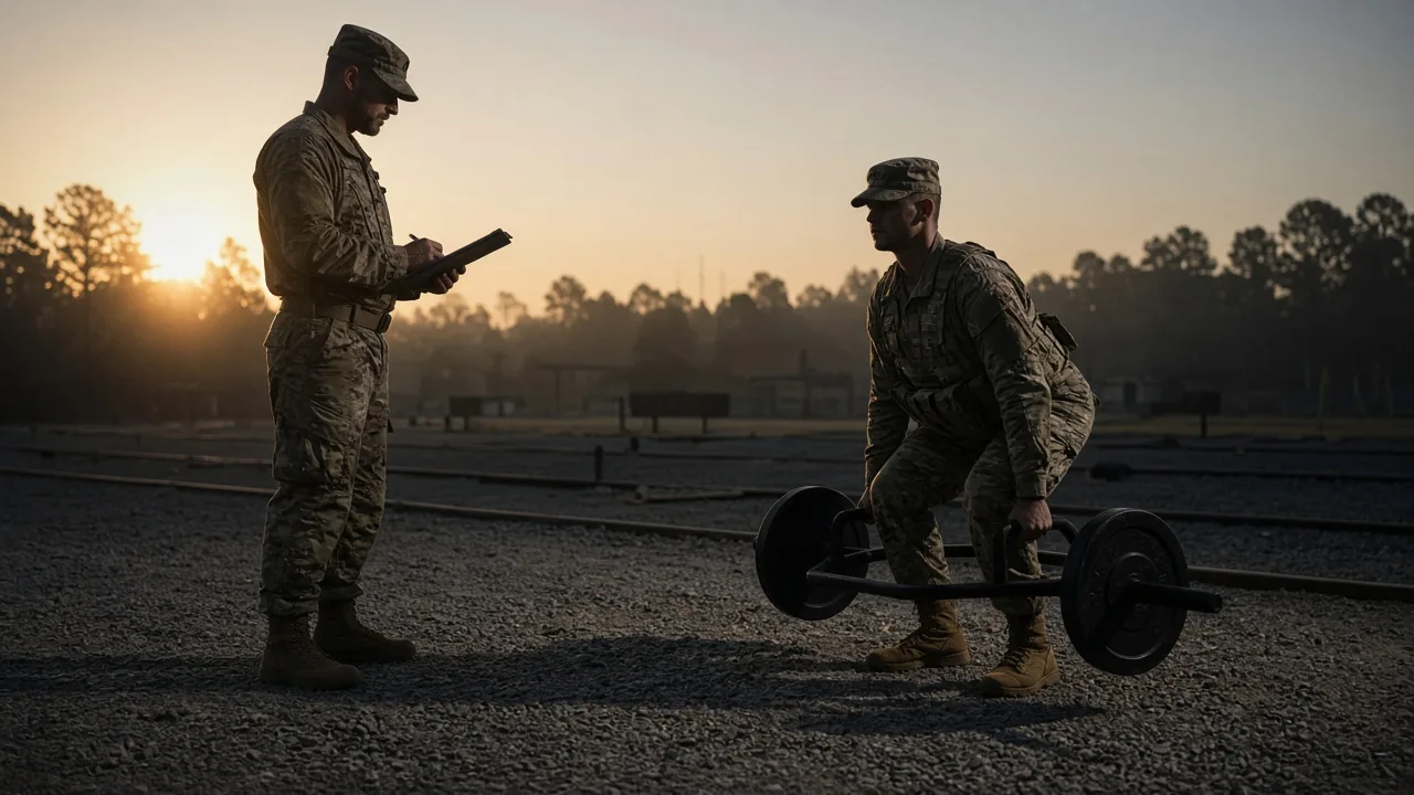 Grader with a clipboard watching a combat MOS soldier perform a hex-bar deadlift on an Army fitness test lane