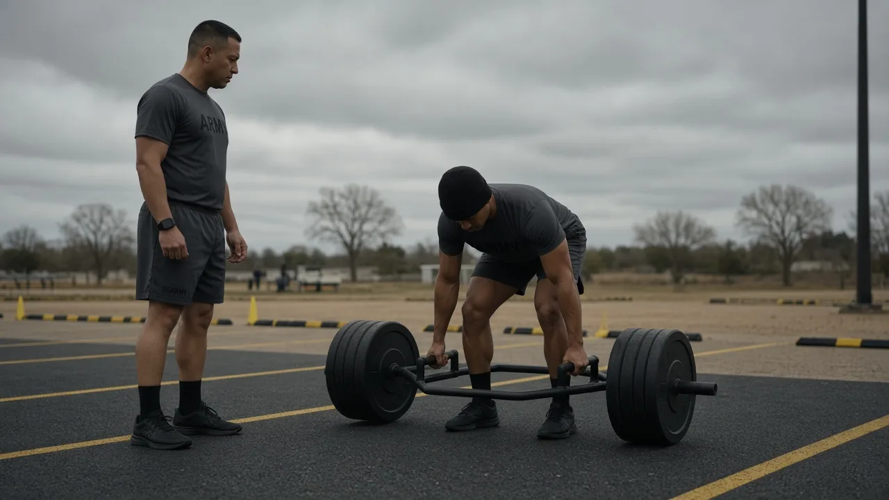 Grader watching a soldier lower a hex bar until the bumper plates touch the ground on an Army Fitness Test lane
