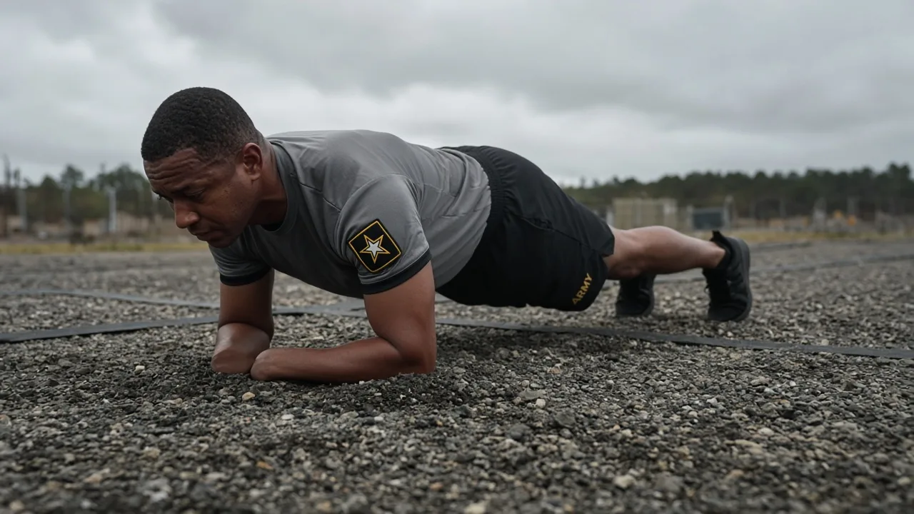 Soldier holding a forearm plank in a straight line from head to heels on an outdoor Army Fitness Test lane