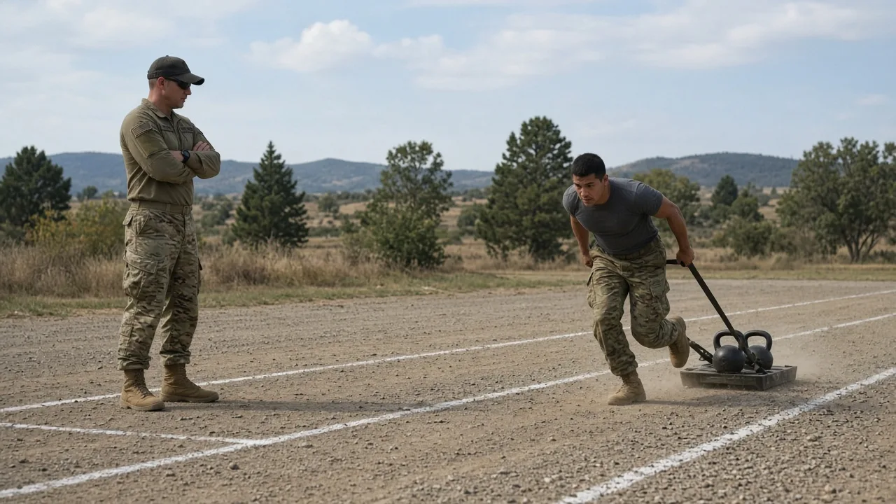 Grader at the 25-meter line watching a soldier carry two kettlebells on a sprint-drag-carry lane