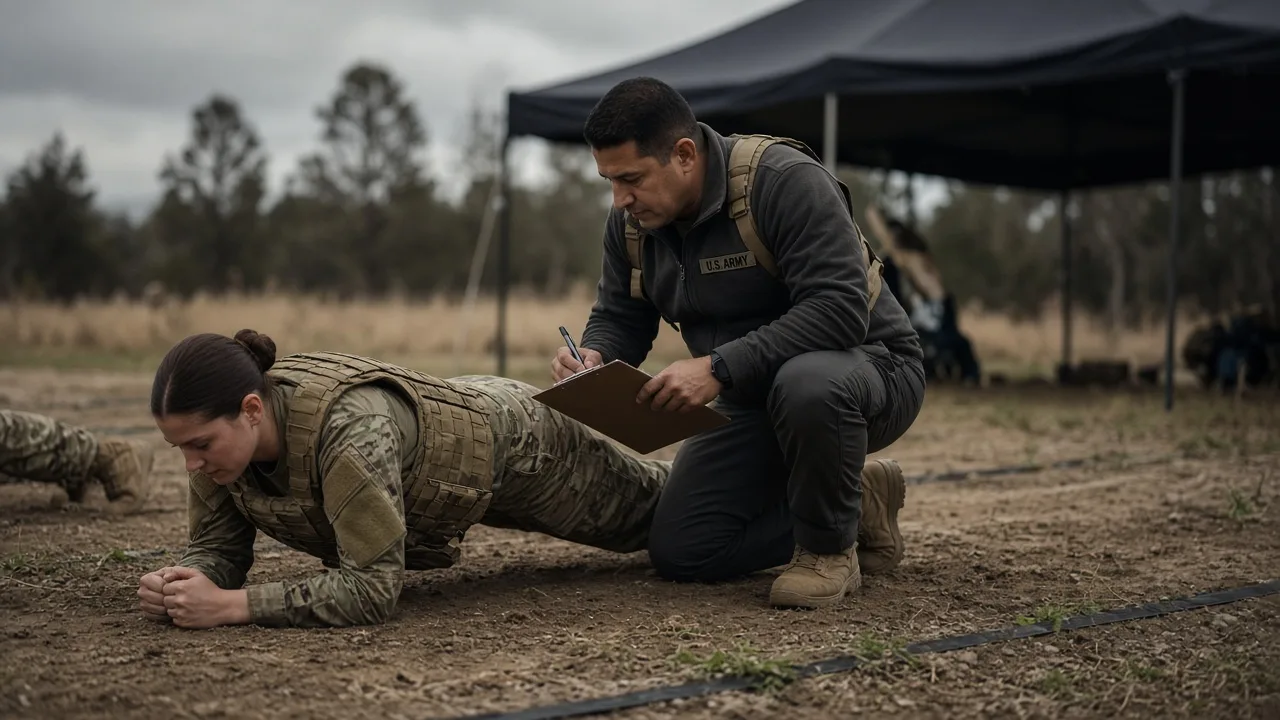 Grader watching a soldier’s hip line during a forearm plank on an Army Fitness Test lane
