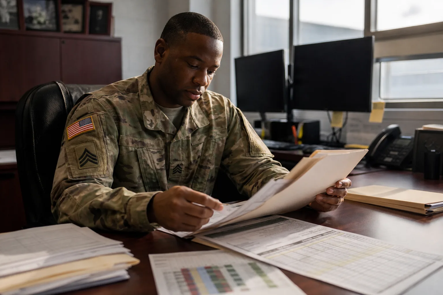 Army NCO reviewing promotion packets and a physical fitness scorecard at a garrison desk