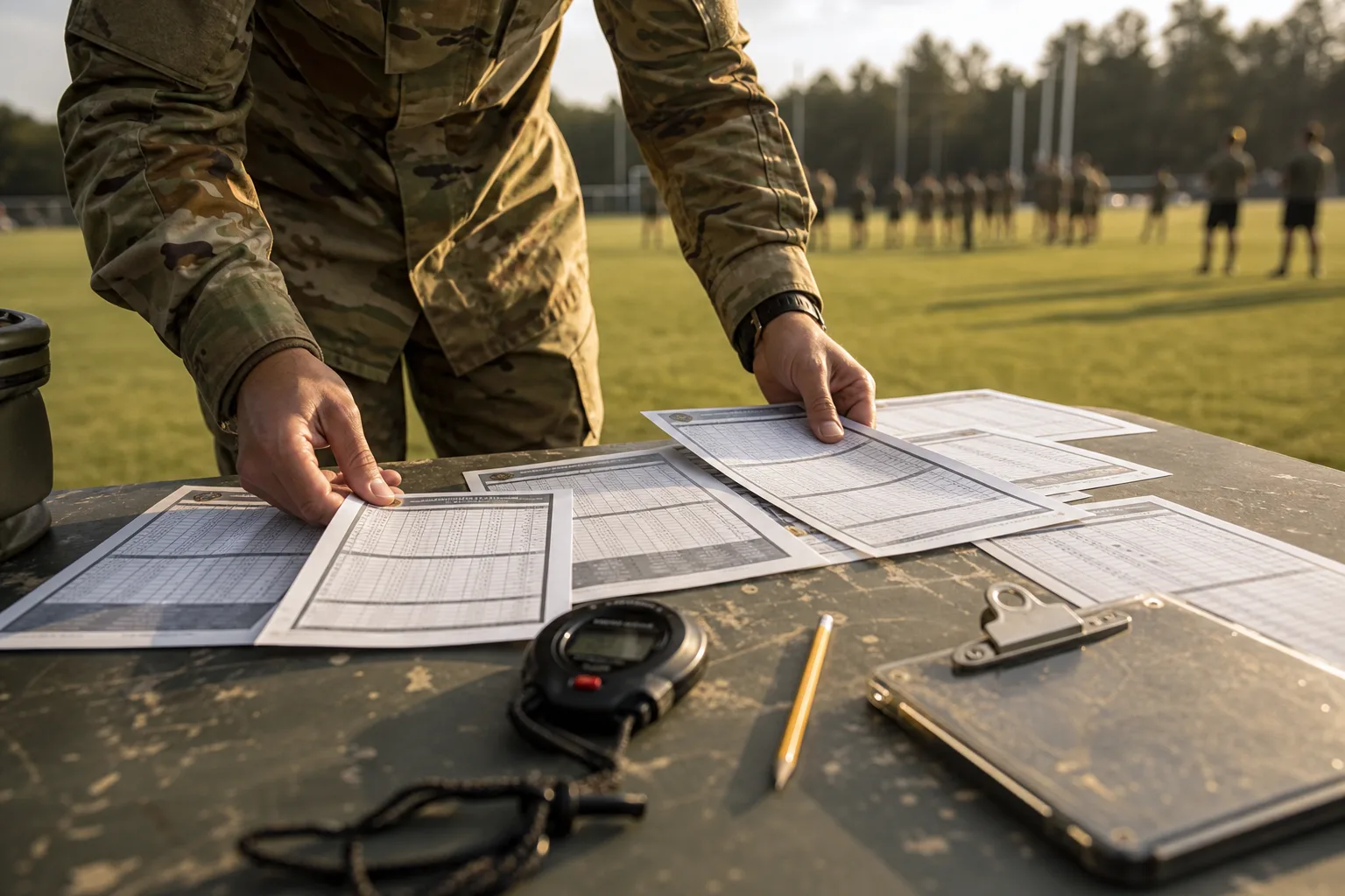 Soldier spreading printed Army Fitness Test scoring tables on a field table beside a stopwatch and clipboard