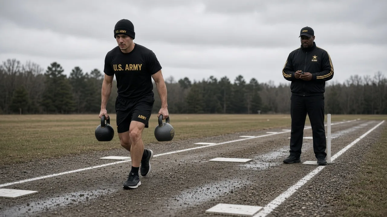 Soldier carrying two kettlebells on a sprint-drag-carry lane while a grader watches the turn line