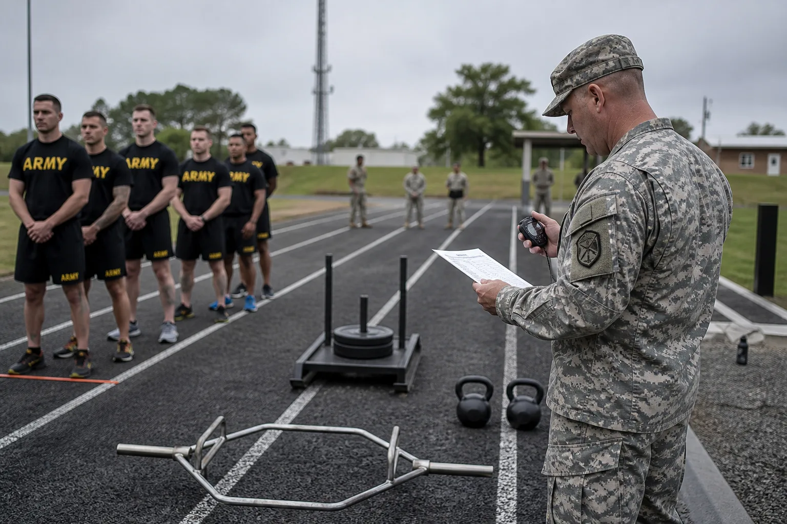 Army fitness grader reviewing a scorecard beside hex-bar, sled, and kettlebell testing equipment on an outdoor AFT lane