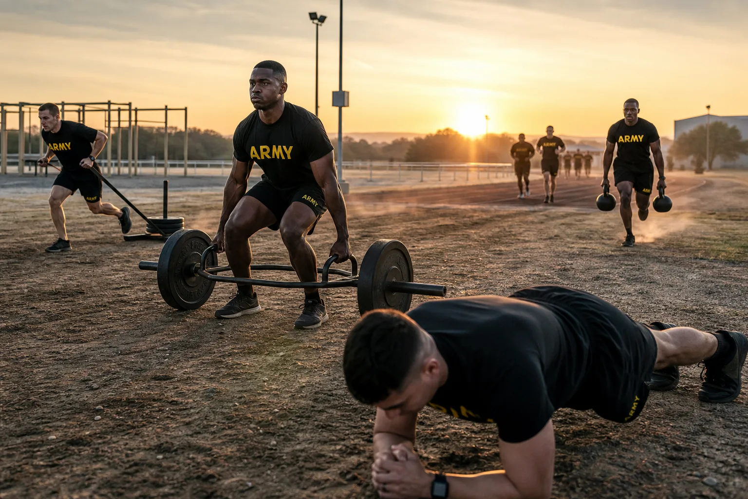 Soldiers training the five Army Fitness Test events on an outdoor PT field: hex-bar deadlift, Sprint-Drag-Carry sled, plank hold, and two-mile track at dawn
