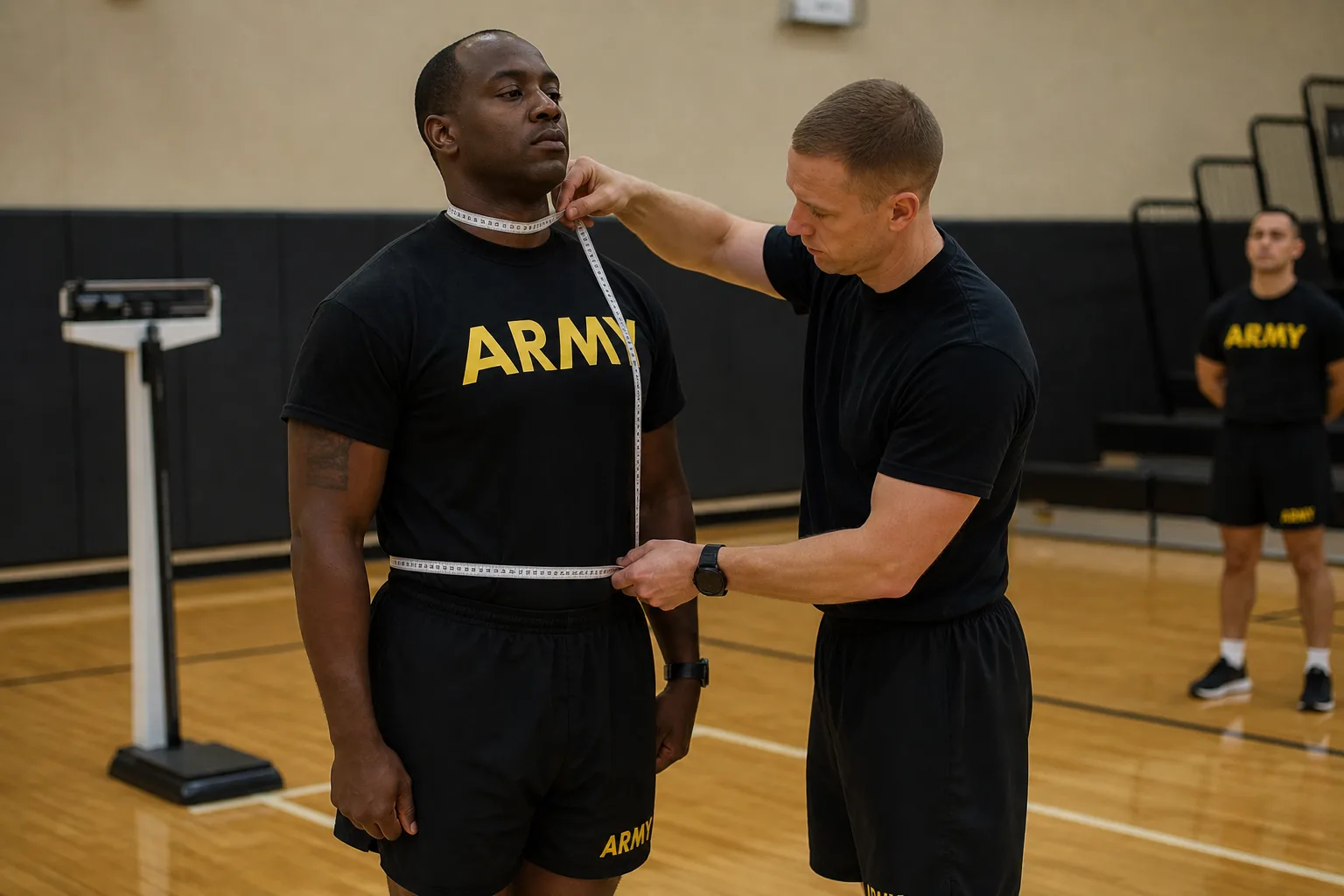Soldier in PT uniform having neck and waist circumference measured with a cloth tape for the Army body fat calculator AR 600-9 screen