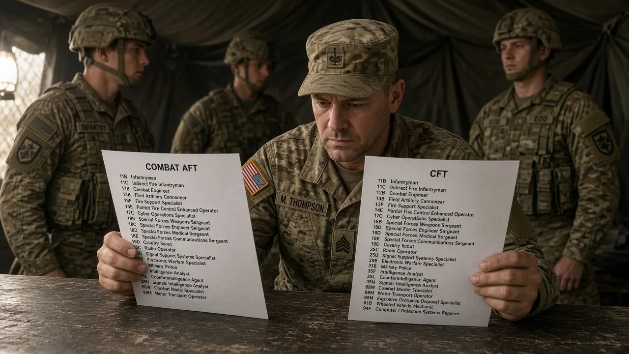 NCO comparing a 21-code AFT combat MOS list with a 24-code Combat Field Test MOS list at a field desk