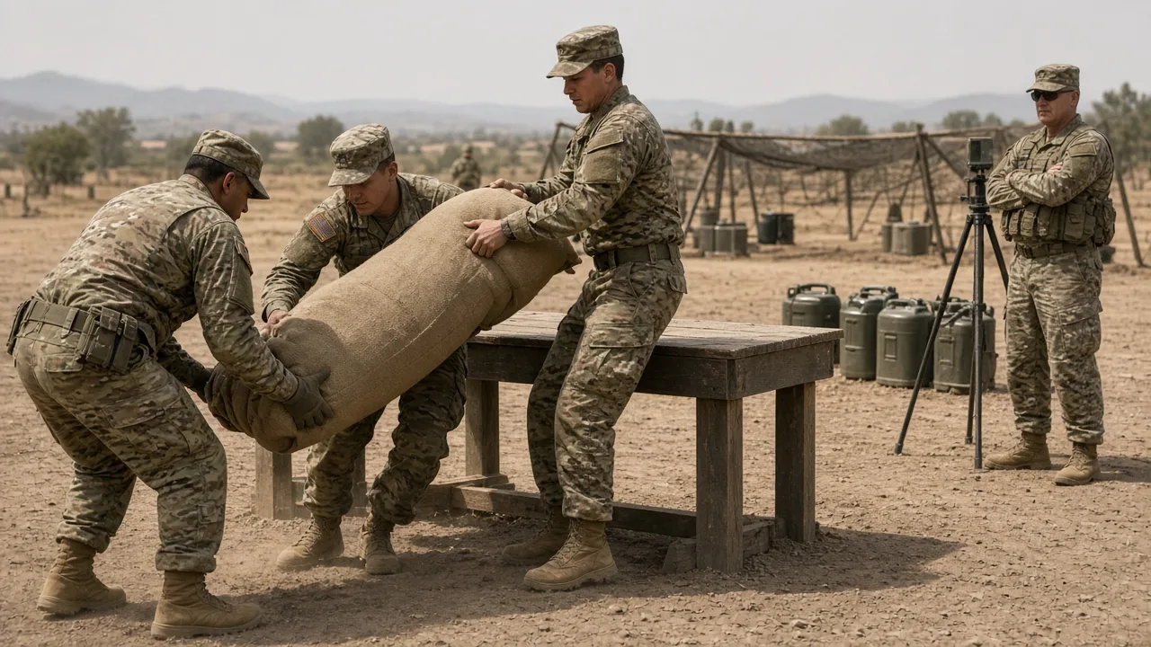 CFT Army Combat Field Test lane: soldiers in ACU lifting a 40-pound sandbag onto a high platform while a grader times the seven-station sequence