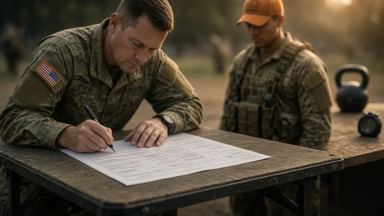 Grader initialing an Army fitness scorecard on a field table beside a stopwatch