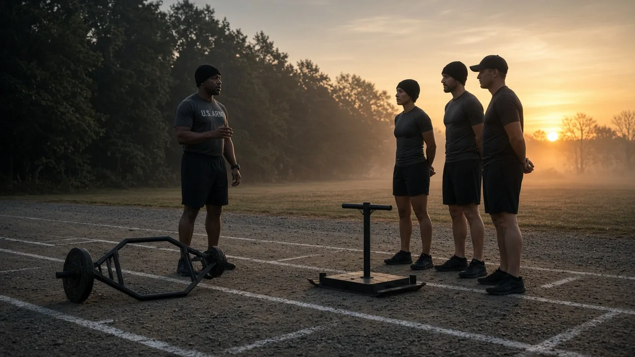 How to run an AFT: a grader briefing soldiers beside a hex bar and drag sled on an outdoor test lane