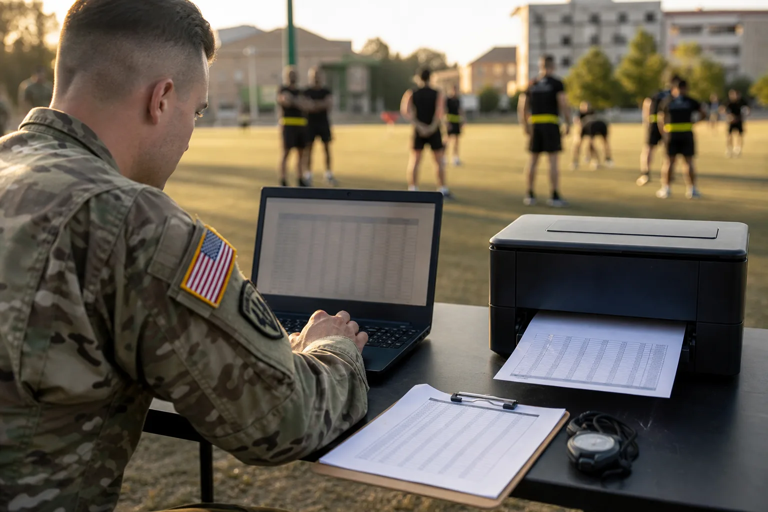 NCO printing Army Fitness Test scoring tables from a laptop onto letter paper at a field desk beside a clipboard and stopwatch