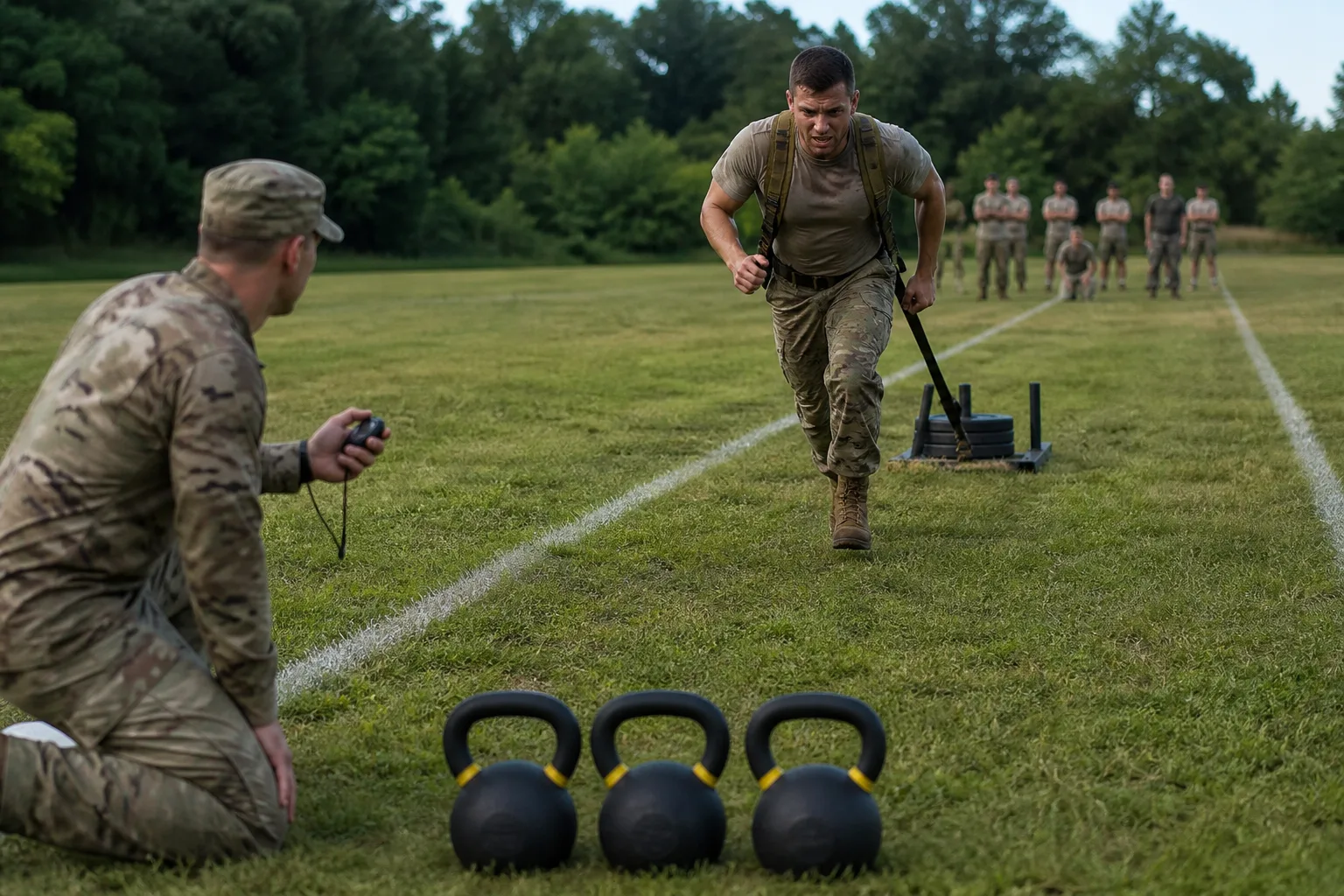Soldier dragging a weighted sled on a marked Sprint-Drag-Carry lane while another Soldier times the shuttle